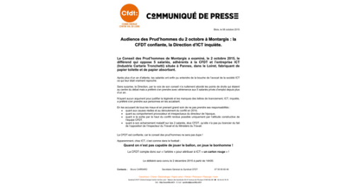 ICT : Audience des Prud'hommes du 2 octobre à Montargis>> la CFDT (…)