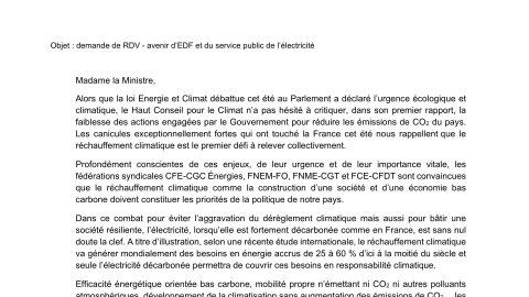 Hercule : Courrier Intersyndicale CFDT CFECGC CGT FO à la Ministre E BORNE